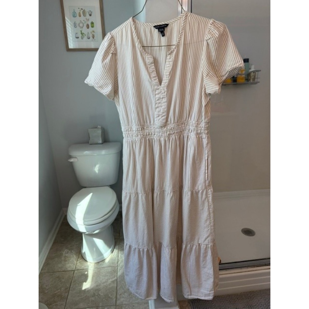 Maggy London Size 10 Striped Cotton Midi Dress Tiered Smocked Waist Puff Sleeve